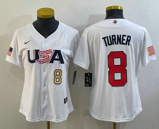 Womens USA Baseball #8 Trea Turner Number 2023 White World Classic Stitched Jersey